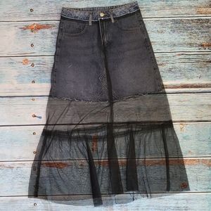 Sheer Black Denim Midi Skirt